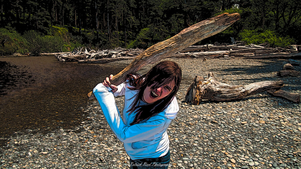 "A cartoonized portrait of a girl holding a log, featuring exaggerated features and bright, playful colors. The girl has large, expressive eyes and a big smile, embodying a fun and adventurous spirit. She wears casual, whimsical clothing that adds to her lively appearance, and her hair is styled in a way that emphasizes her personality. The log she holds is oversized and cartoonishly detailed, enhancing the playful nature of the image. The background is simple and colorful, possibly depicting a sunny day in a forest or park, creating a cheerful and inviting atmosphere."