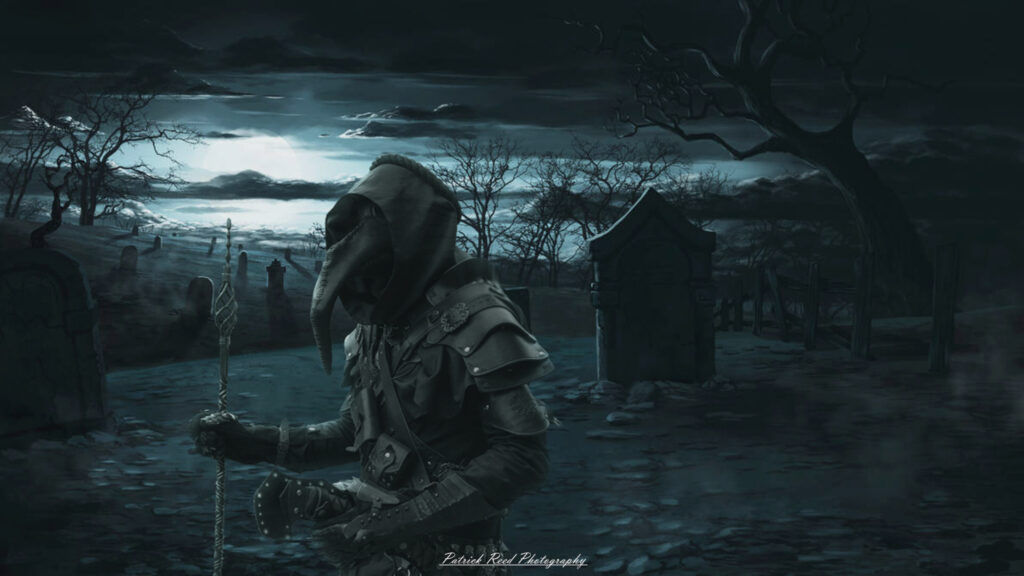 "A dark and eerie scene unfolds as a plague doctor, wearing the iconic long cloak, wide-brimmed hat, and bird-like mask, stands silently in a foggy cemetery. Gravestones and crypts surround the figure, who grips a staff, symbolizing the grim duty of tending to the sick and the dead during the plague era. The mist swirls through the graveyard, creating an ominous, haunting atmosphere as the doctor gazes across the resting place of the departed."