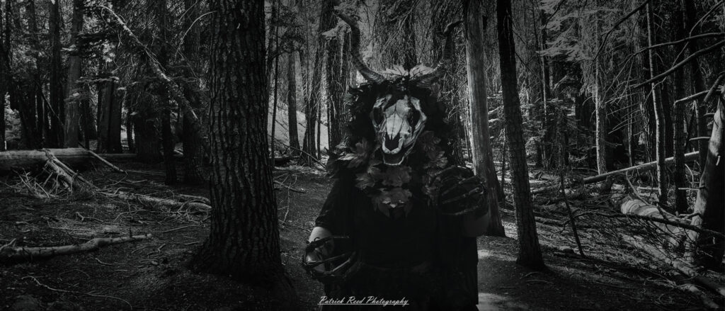 "A haunting black and white photo of a Wendigo standing ominously in a dense forest. The creature’s gaunt, skeletal figure blends into the shadows between the tall trees, its eyes glowing faintly in the dim light. The barren trees and fog that creeps through the scene add to the eerie, unsettling atmosphere, as if the forest itself is alive with malevolent energy. The monochromatic tones enhance the creature’s sinister presence, making the Wendigo appear as an ancient, ghostly entity lurking in the wilderness."