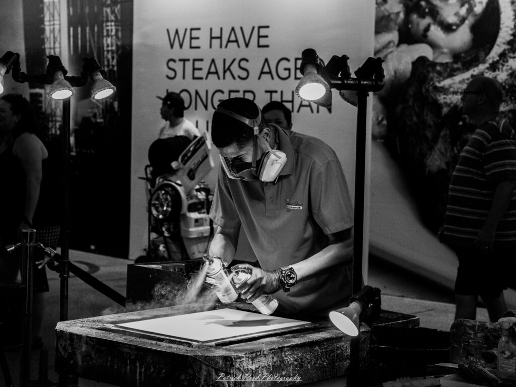 A series of noir-style street photography scenes set in Las Vegas, Nevada, at night. The rain-slicked streets reflect the vibrant glow of neon signs from casinos, motels, and diners. Silhouettes of people walking under umbrellas or leaning against lampposts add a sense of mystery and intrigue. The scenes capture a mix of classic Vegas landmarks, vintage signage, and gritty back alleys with graffiti and scattered debris. The dramatic lighting emphasizes shadows and contrasts, creating a moody, cinematic ambiance that evokes the essence of noir storytelling in a bustling yet shadowy cityscape.