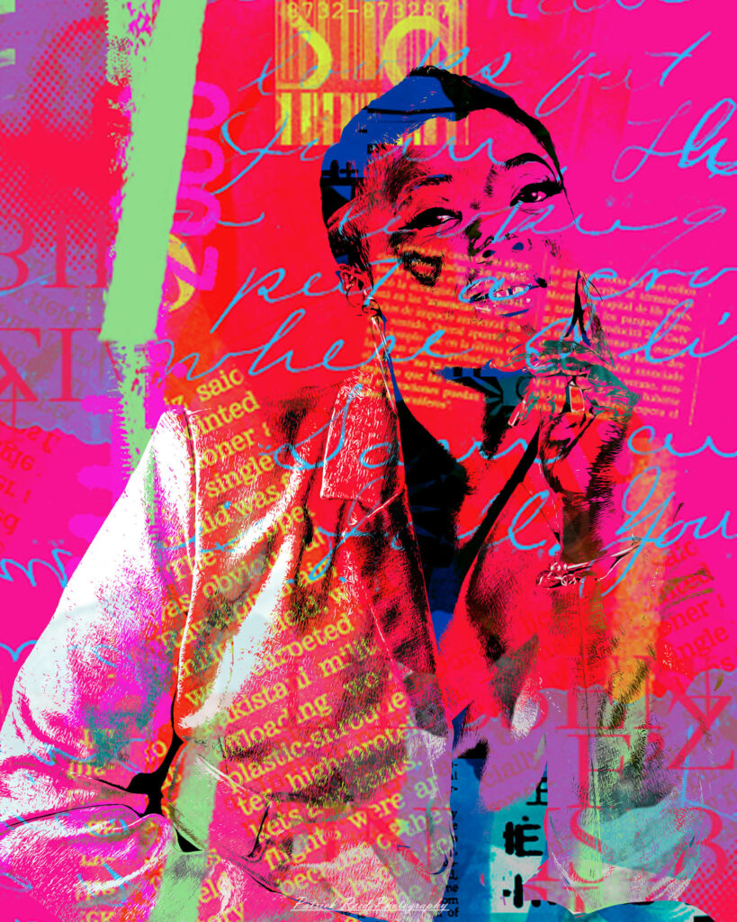 A highly stylized, abstract portrait altered with Photoshop effects. The image features distorted facial features, bold colors, and surreal textures, creating a dreamlike or fragmented appearance.