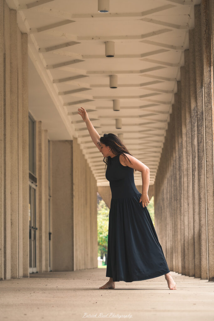 Portrait of a dancer captured on July 20, 2025, performing a graceful pose on the Wayne State University campus in Detroit.