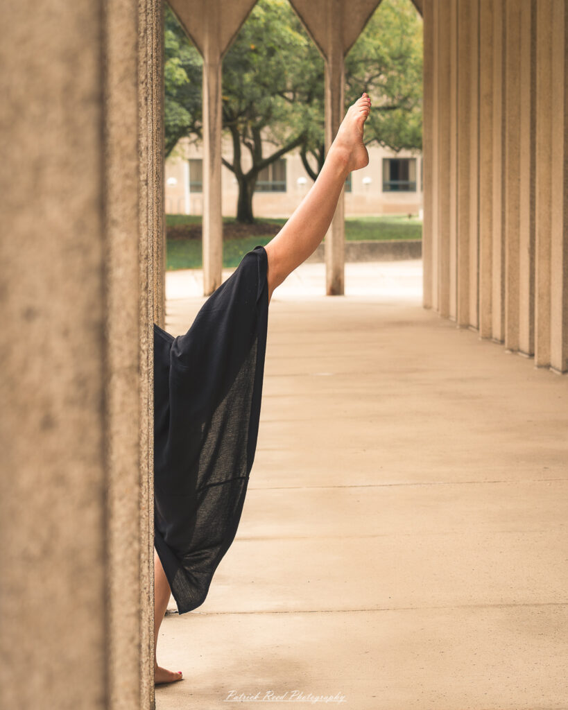 Portrait of a dancer captured on July 20, 2025, performing a graceful pose on the Wayne State University campus in Detroit.