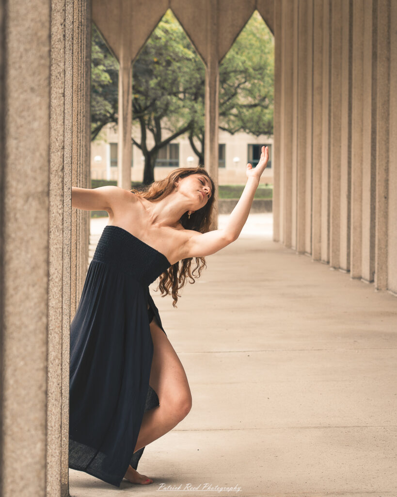 Portrait of a dancer captured on July 20, 2025, performing a graceful pose on the Wayne State University campus in Detroit.