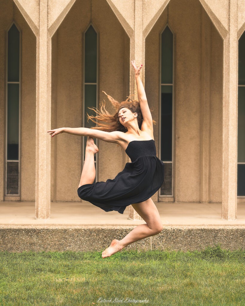 Portrait of a dancer captured on July 20, 2025, performing a graceful pose on the Wayne State University campus in Detroit.