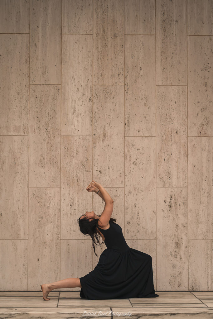 Portrait of a dancer captured on July 20, 2025, performing a graceful pose on the Wayne State University campus in Detroit.