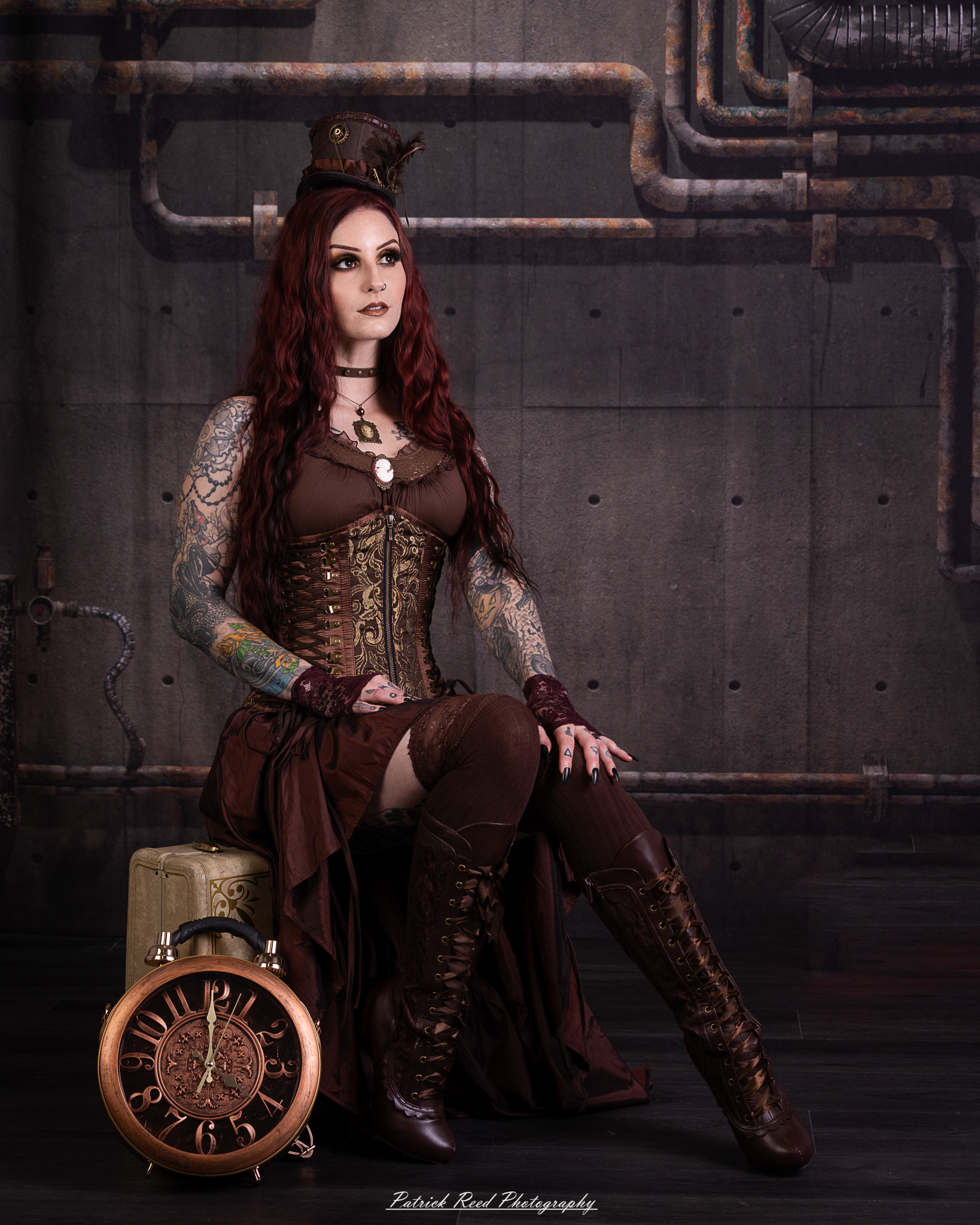 Portrait of a steampunk model named Minerva, taken on July 9, 2025. She is dressed in vintage-inspired futuristic attire with detailed accessories, capturing the essence of steampunk fashion.