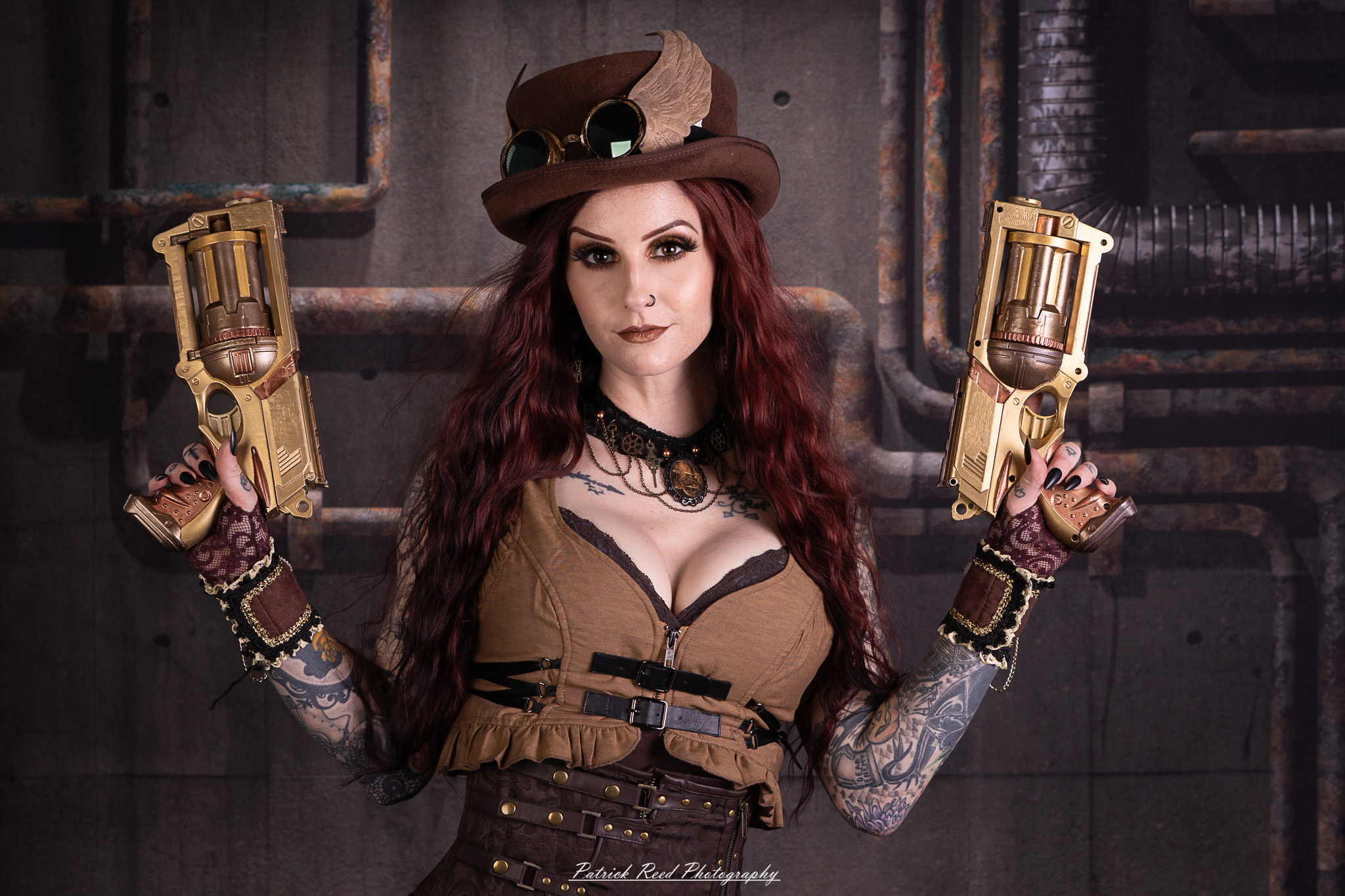Portrait of a steampunk model named Minerva, taken on July 9, 2025. She is dressed in vintage-inspired futuristic attire with detailed accessories, capturing the essence of steampunk fashion.