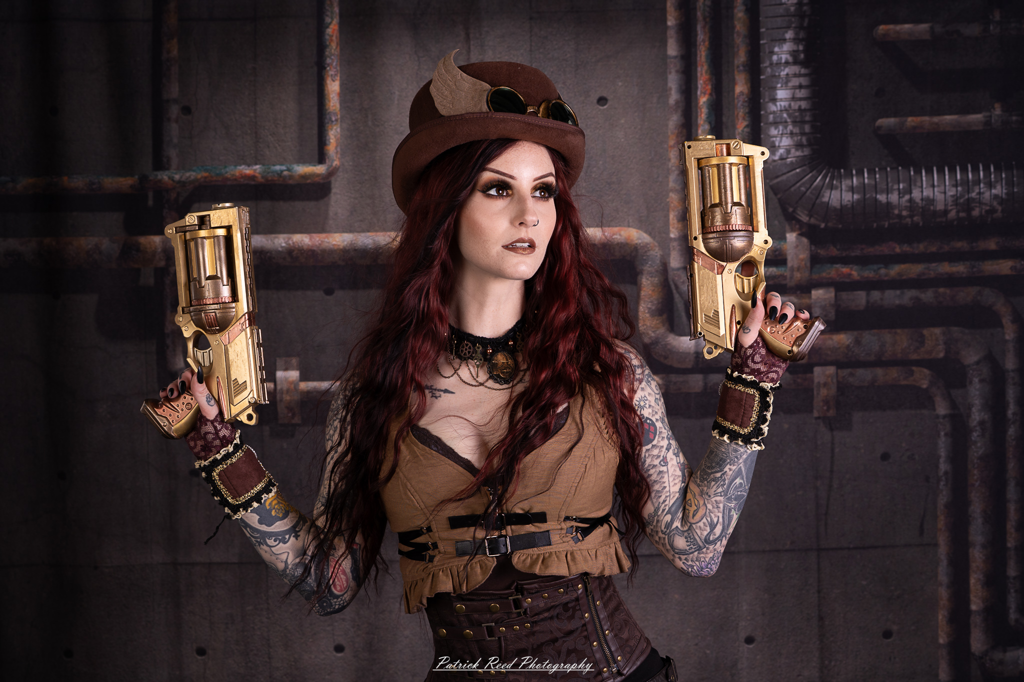 Portrait of a steampunk model named Minerva, taken on July 9, 2025. She is dressed in vintage-inspired futuristic attire with detailed accessories, capturing the essence of steampunk fashion.