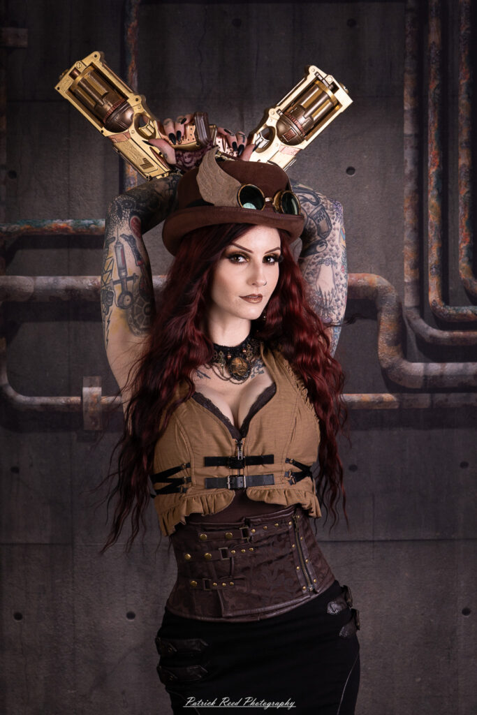 Portrait of a steampunk model named Minerva, taken on July 9, 2025. She is dressed in vintage-inspired futuristic attire with detailed accessories, capturing the essence of steampunk fashion.