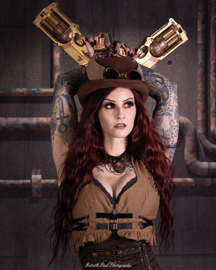 Portrait of a steampunk model named Minerva, taken on July 9, 2025. She is dressed in vintage-inspired futuristic attire with detailed accessories, capturing the essence of steampunk fashion.