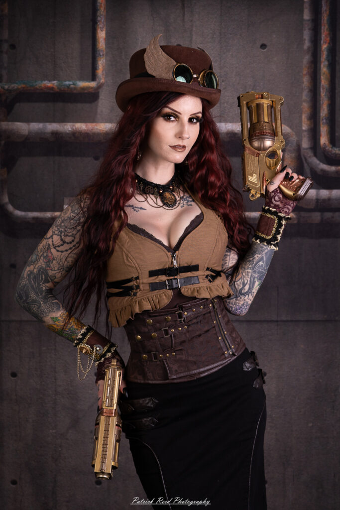 Portrait of a steampunk model named Minerva, taken on July 9, 2025. She is dressed in vintage-inspired futuristic attire with detailed accessories, capturing the essence of steampunk fashion.
