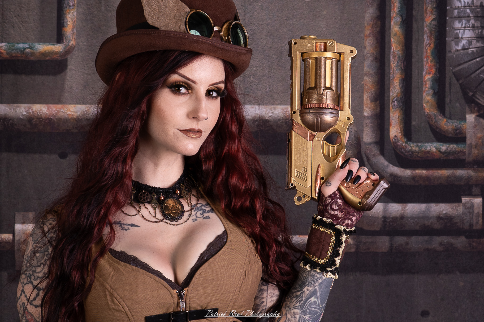 Portrait of a steampunk model named Minerva, taken on July 9, 2025. She is dressed in vintage-inspired futuristic attire with detailed accessories, capturing the essence of steampunk fashion.