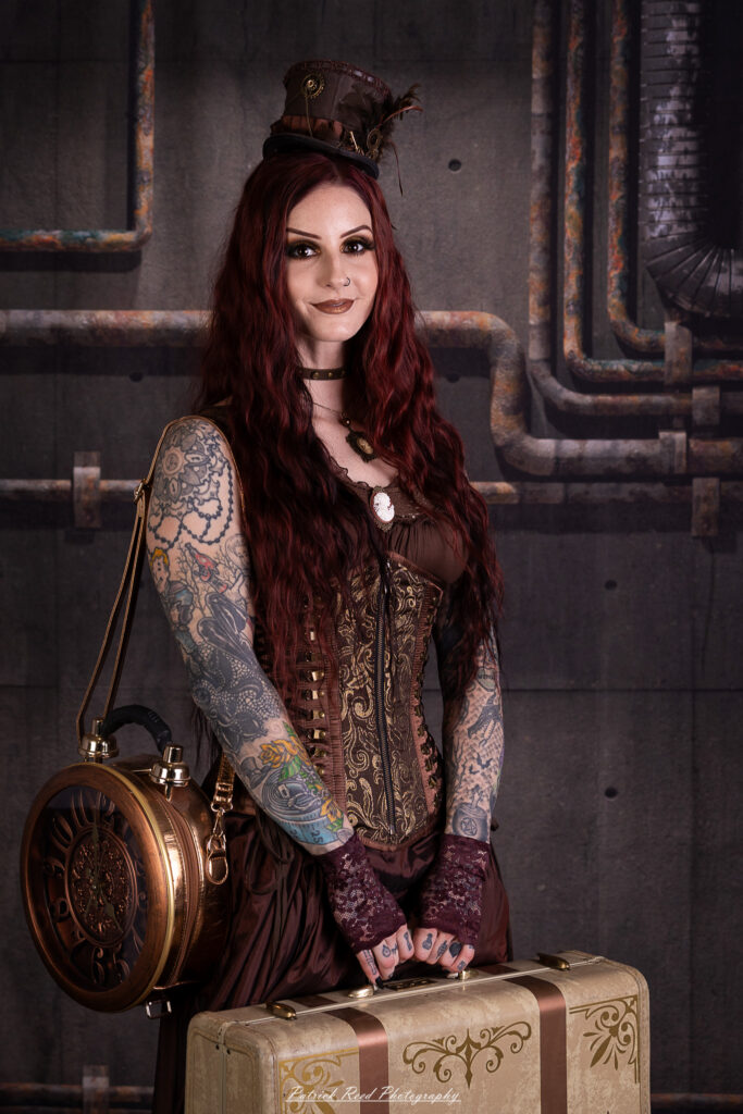 Portrait of a steampunk model named Minerva, taken on July 9, 2025. She is dressed in vintage-inspired futuristic attire with detailed accessories, capturing the essence of steampunk fashion.