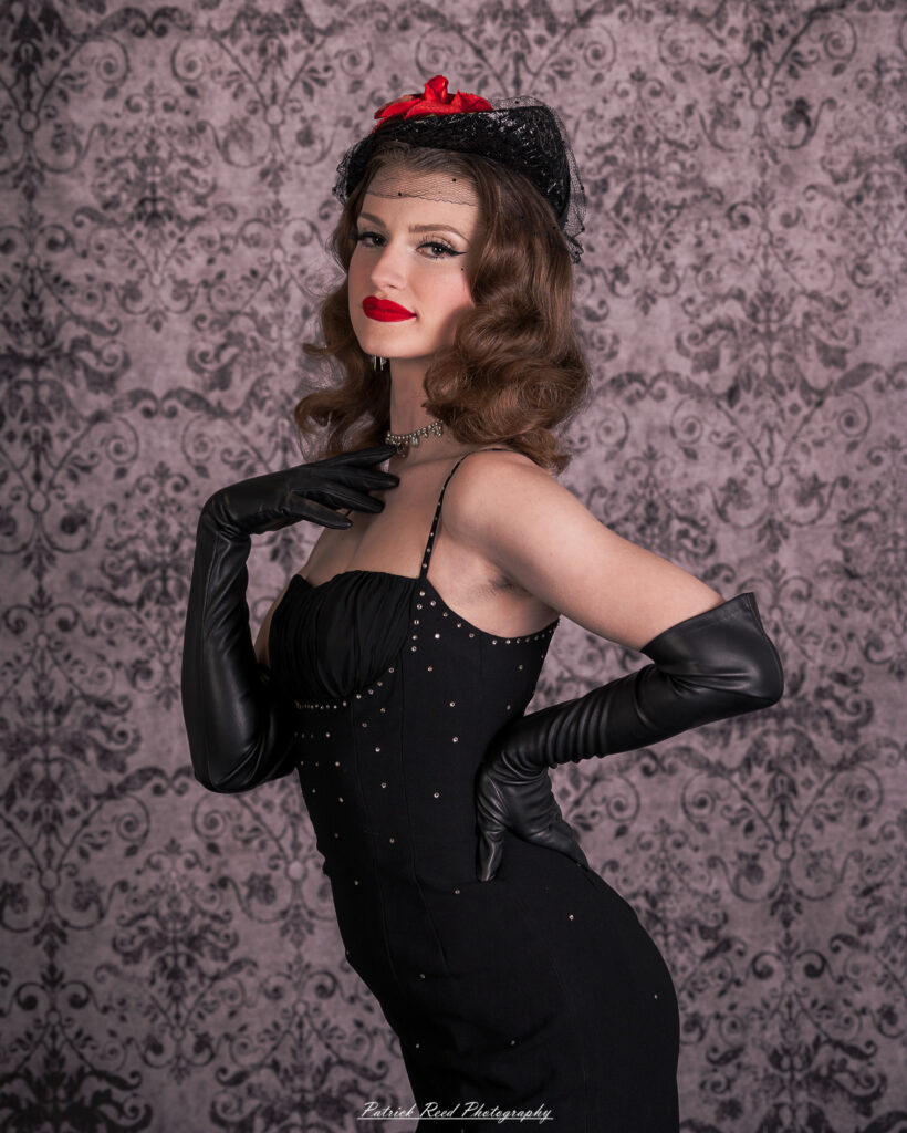 Portrait of a model named Noell dressed in vintage Hollywood glamour style, taken on July 16, 2025.