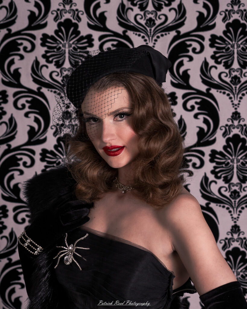 Portrait of a model named Noell dressed in vintage Hollywood glamour style, taken on July 16, 2025.