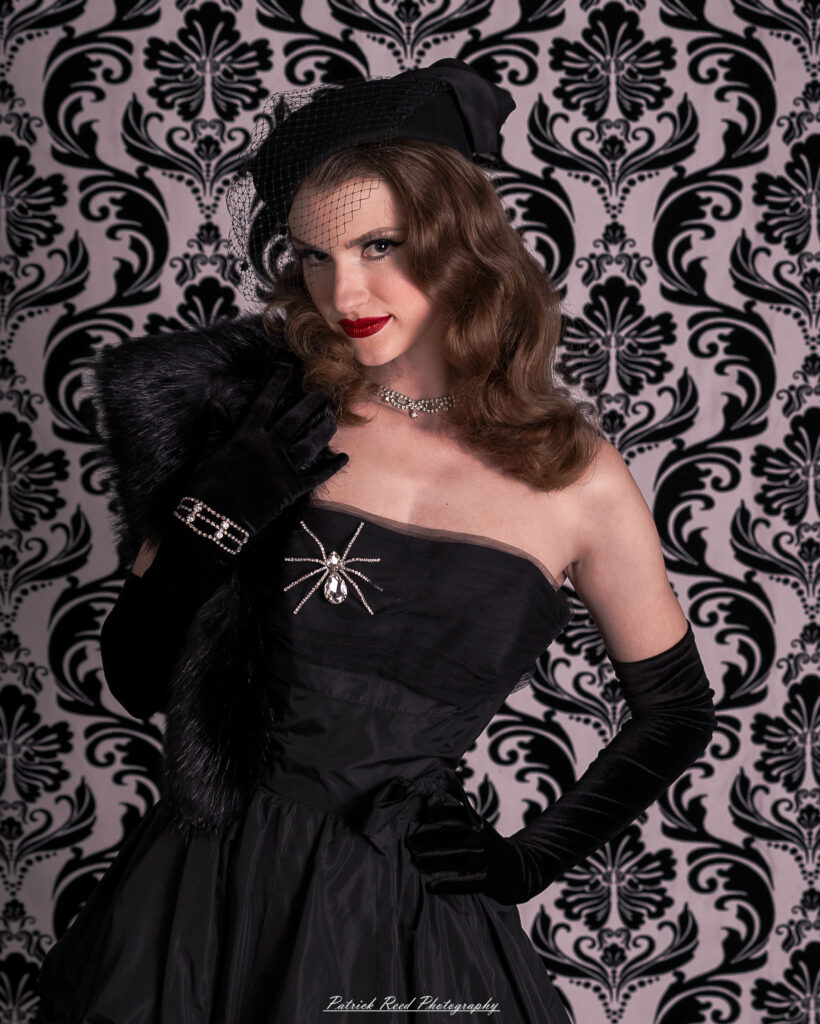 Portrait of a model named Noell dressed in vintage Hollywood glamour style, taken on July 16, 2025.