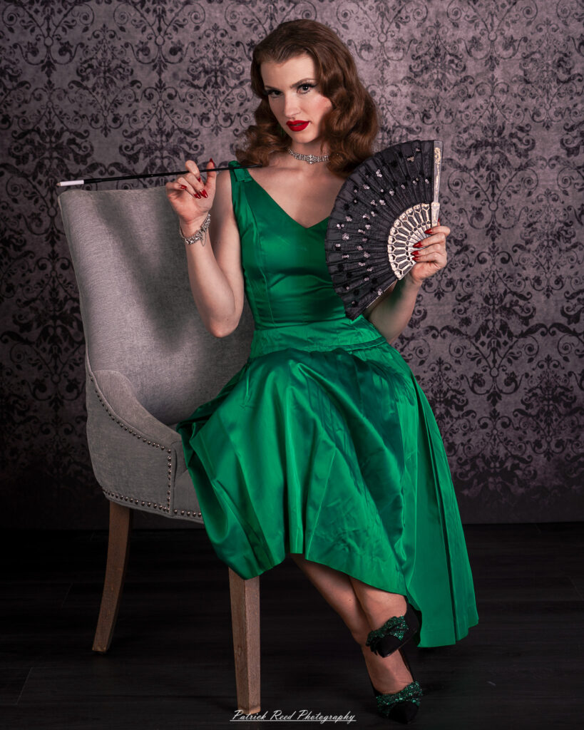 Portrait of a model named Noell dressed in vintage Hollywood glamour style, taken on July 16, 2025.
