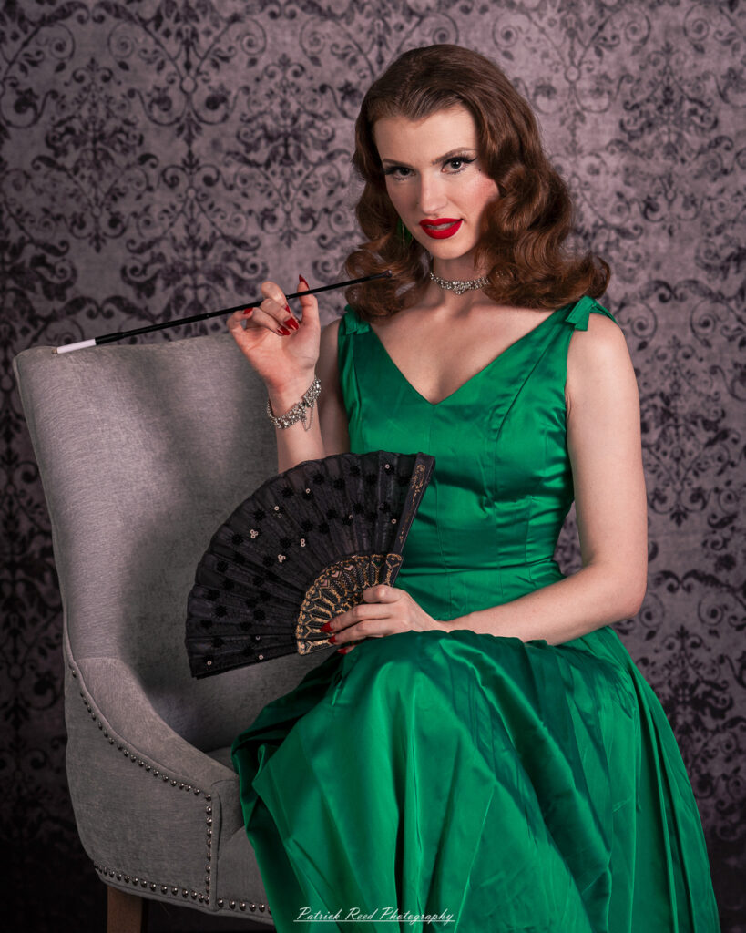 Portrait of a model named Noell dressed in vintage Hollywood glamour style, taken on July 16, 2025.