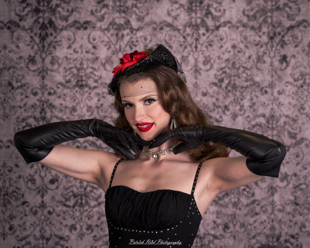 Portrait of a model named Noell dressed in vintage Hollywood glamour style, taken on July 16, 2025.