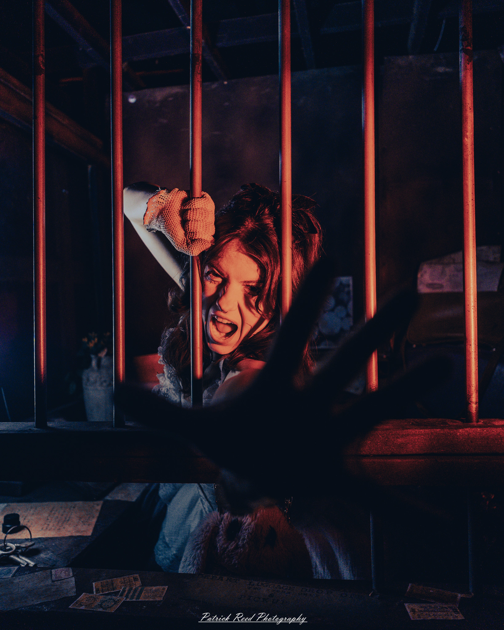 Spooky night photography at Scarefest Haunted Park in Michigan, featuring eerie lighting, haunted attractions, and Halloween-themed performers.