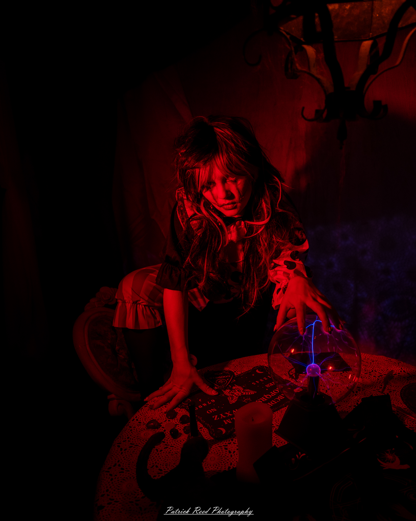 Spooky night photography at Scarefest Haunted Park in Michigan, featuring eerie lighting, haunted attractions, and Halloween-themed performers.