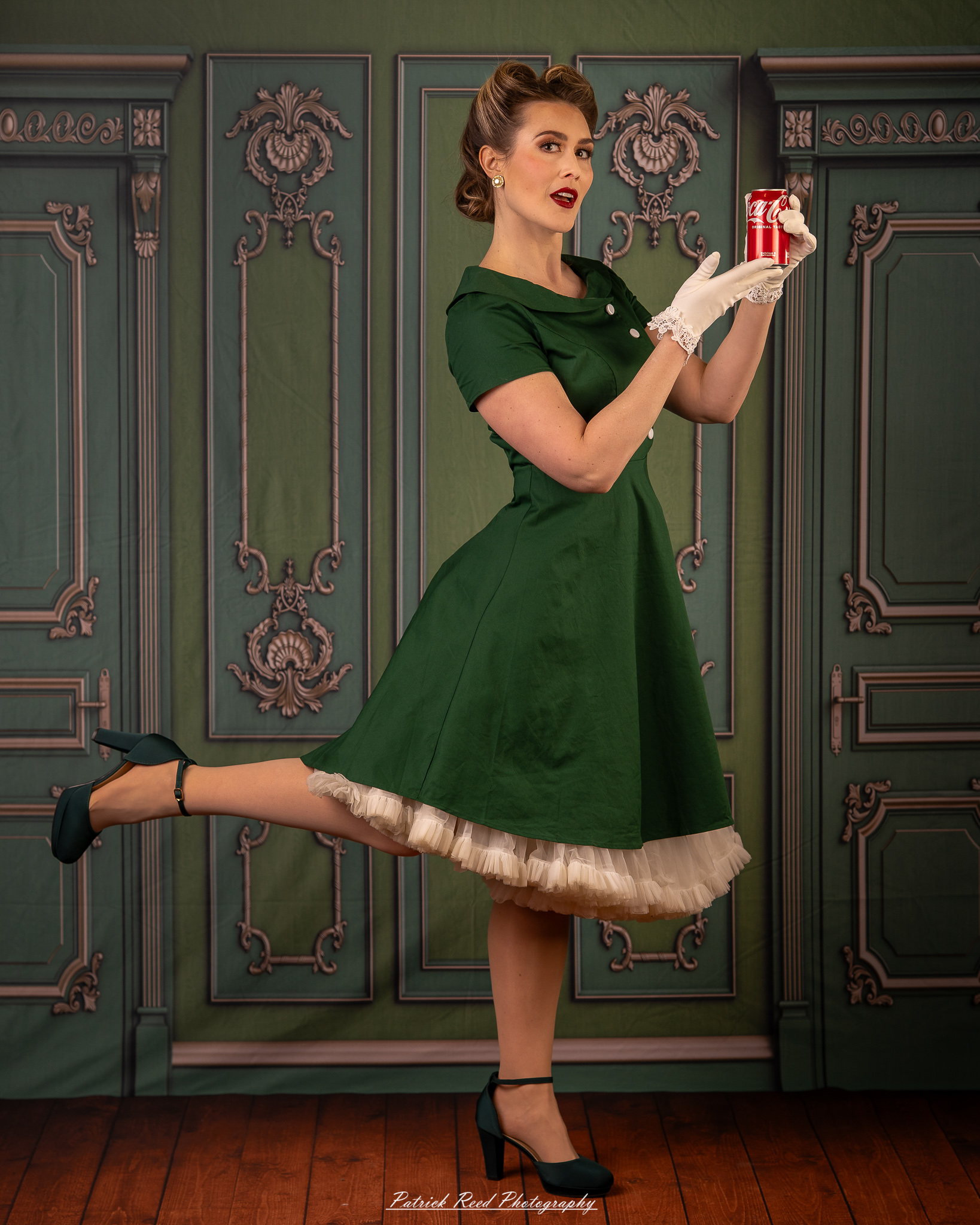 “Close-up portrait of a woman in white gloves holding a soda bottle, vintage aesthetic”