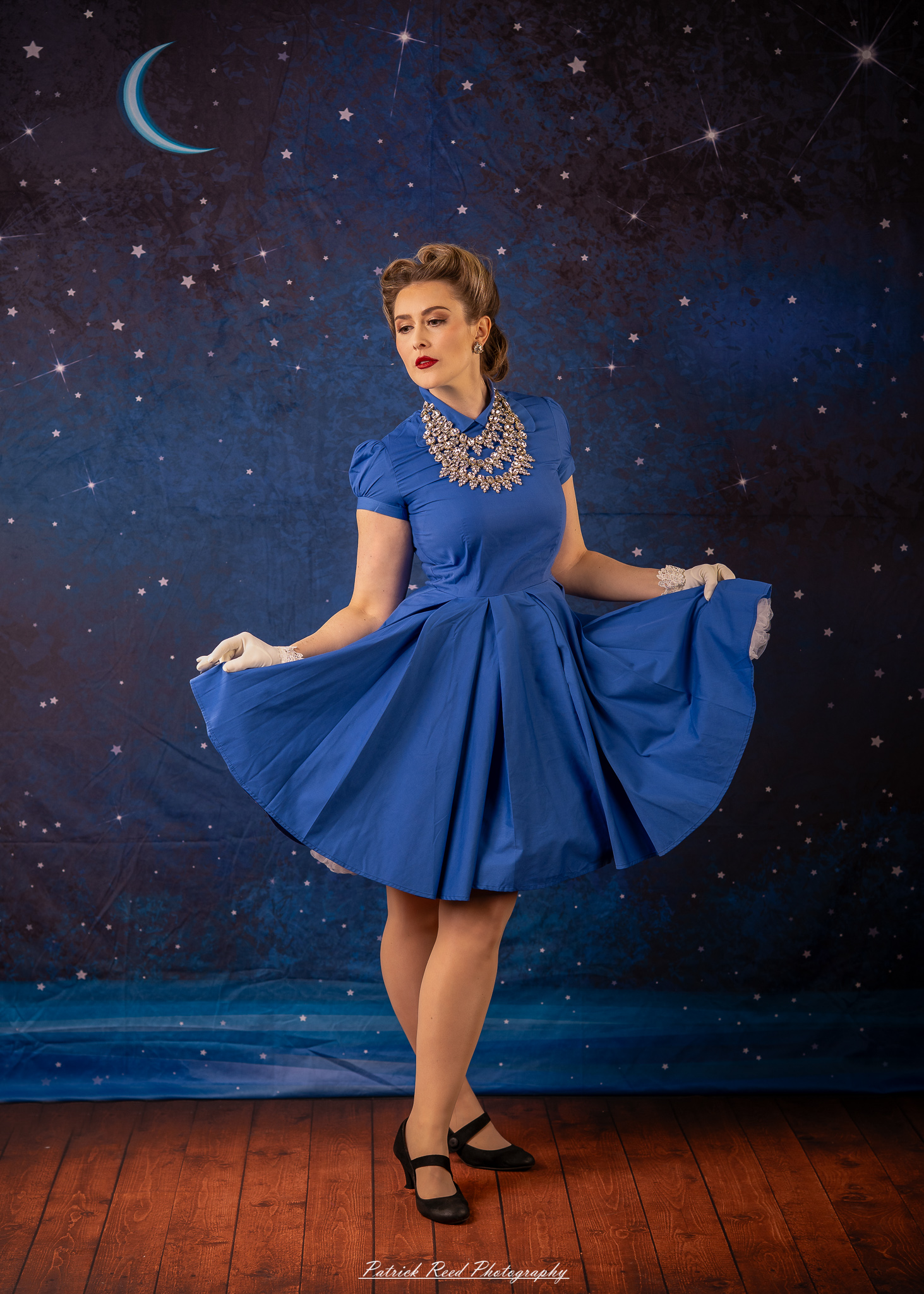 “Cinematic retro housewife portrait with controlled shadows and bold expression”