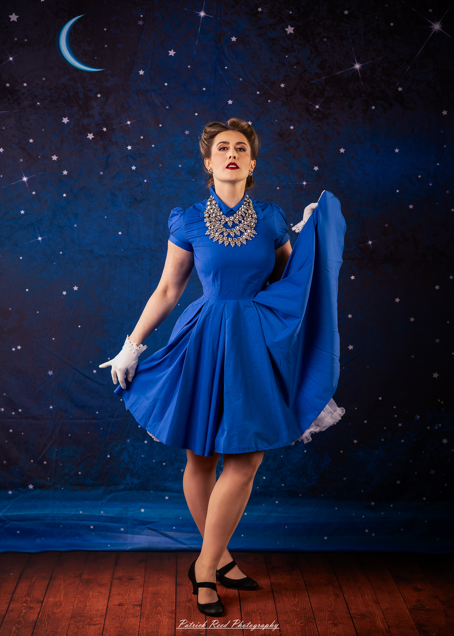 “Cinematic retro housewife portrait with controlled shadows and bold expression”