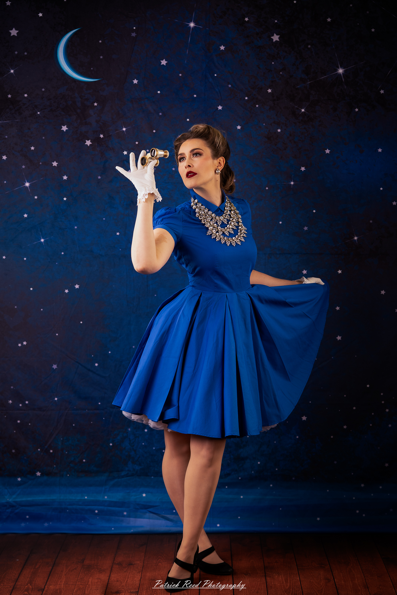 “Cinematic retro housewife portrait with controlled shadows and bold expression”