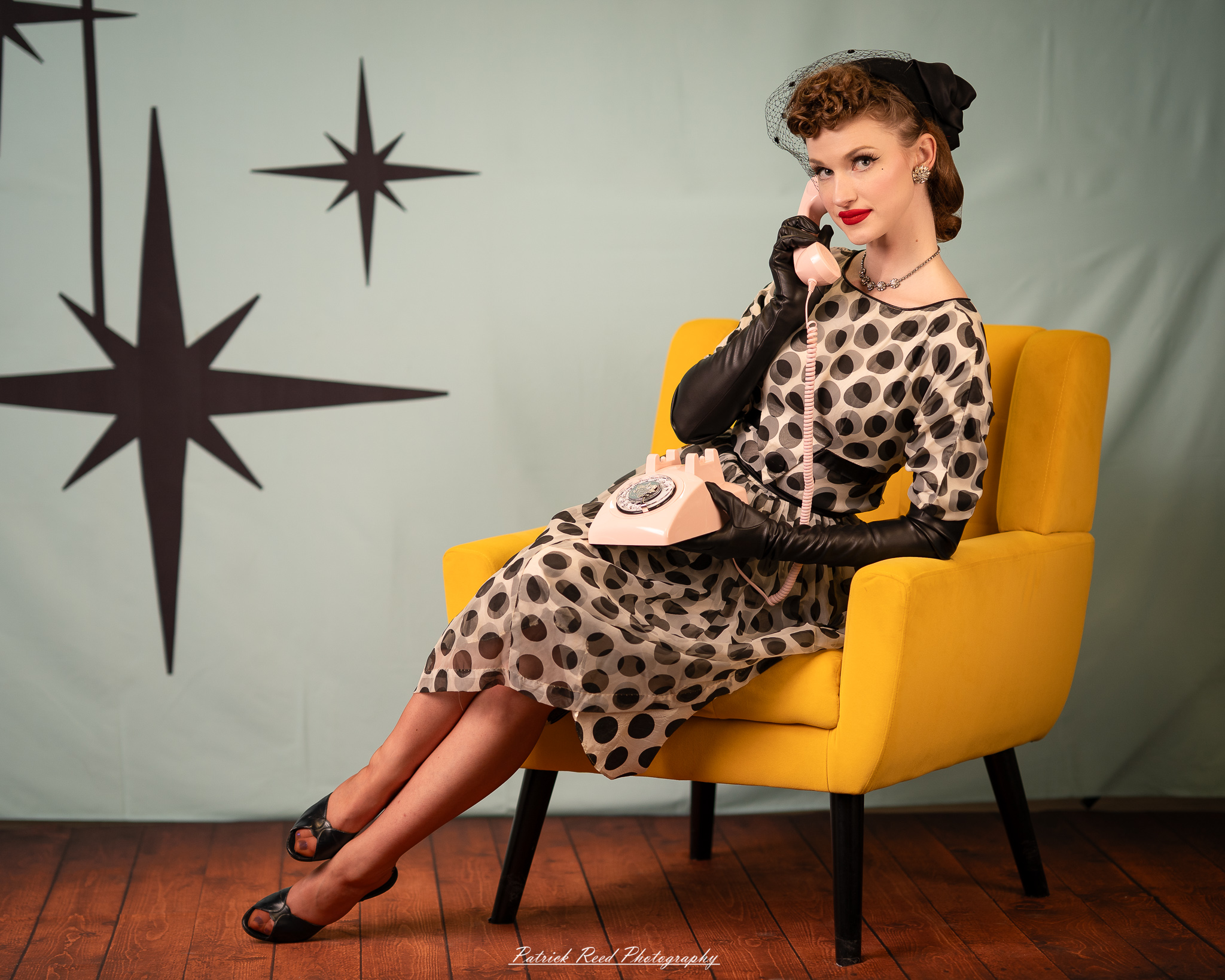 A retro-inspired portrait series of a model named Noelle photographed on March 13, 2026, featuring mid-century fashion styling, vintage hairstyles, colorful studio sets, and dramatic editorial lighting.