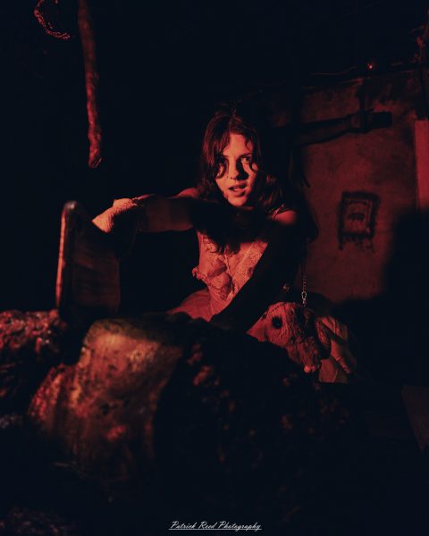 Spooky night photography at Scarefest Haunted Park in Michigan, featuring eerie lighting, haunted attractions, and Halloween-themed performers.