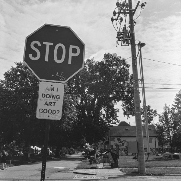 Stop sign and handwritten street poster question on a roadside utility pole near parked vehicles and trees.