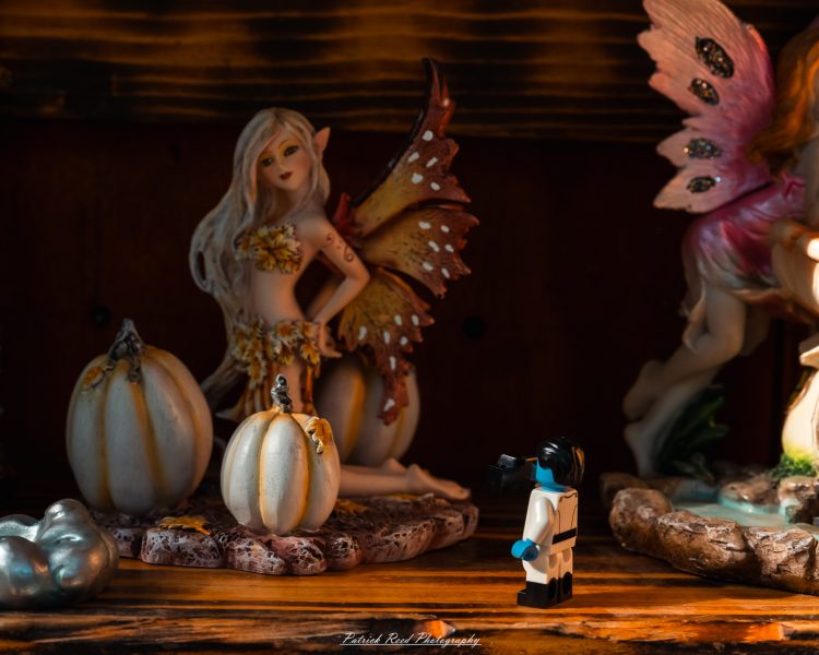 Renaissance fair display with costumed characters and pumpkins beside toy soldiers under warm lighting.